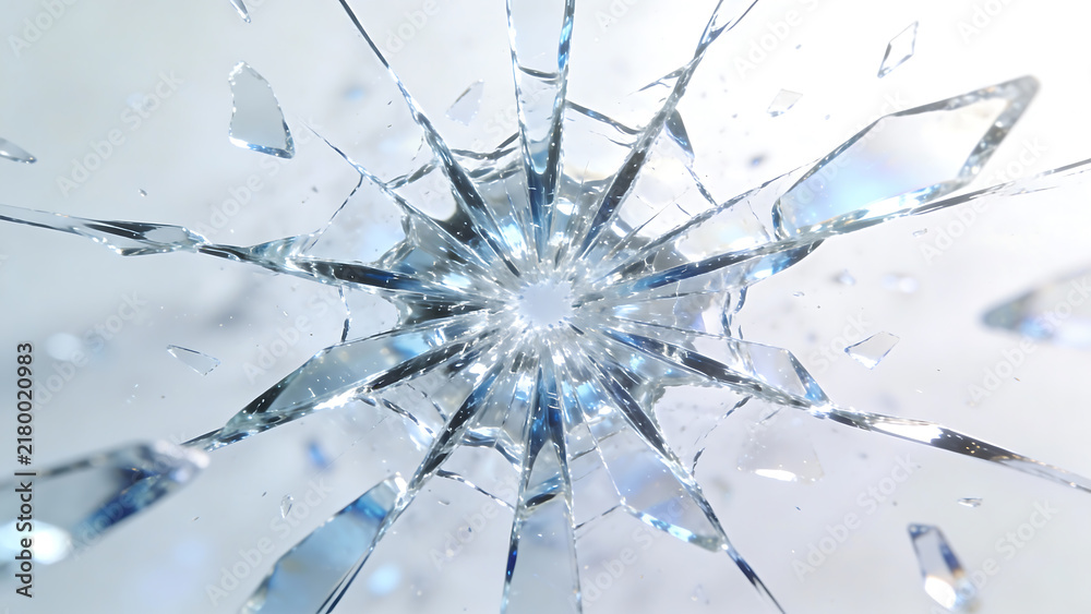 Obraz premium Shattered glass in slow motion with radial fracture pattern against white background
