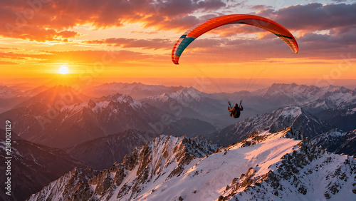 Paraglider Soaring Over Snowy Mountain Peaks at Sunset