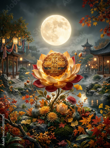 Giant lotus flower with intricate design and Chinese characters glowing under full moon in serene traditional garden with autumn leaves and lanterns, evoking peaceful celebration