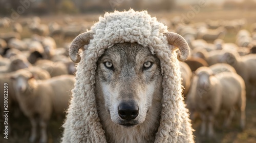 A wolf in sheep's clothing hiding among an unsuspecting flock of sheep.