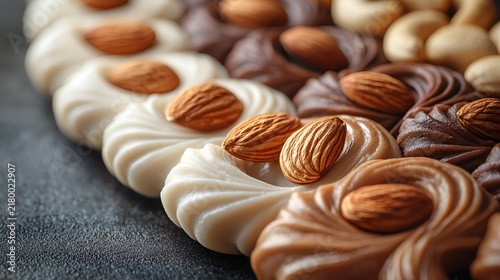 Assorted swirl chocolates with almonds and cashews.