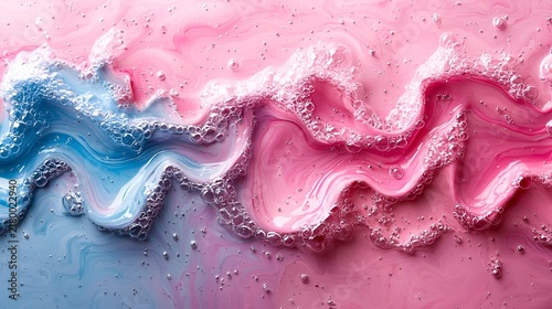 Abstract pink and blue liquid swirls with foam.