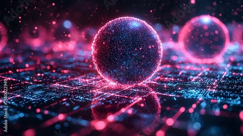 Glowing sphere on digital grid.