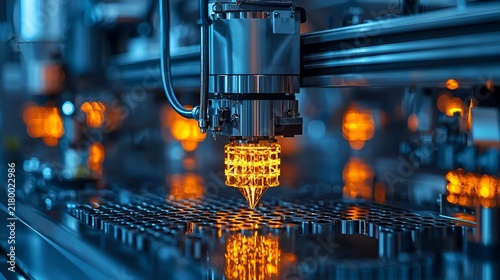Robotic arm 3D printing an orange object on a metallic surface.