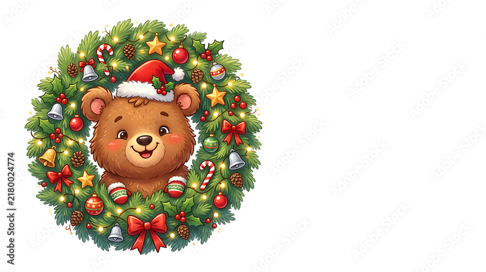 Fototapeta premium Funny Christmas bear with a huge fluffy Christmas wreath around its body, peeking through the center, cheerful expression, cute cartoon illustration, playful festive style, pure white background 