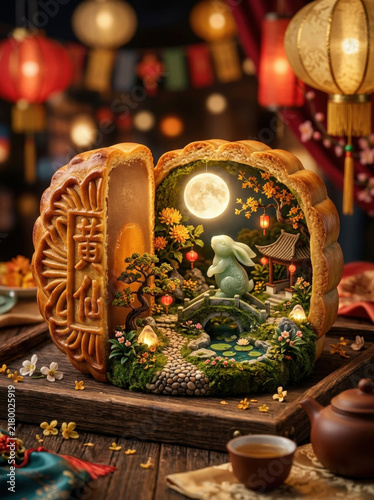 Mooncake with intricate rabbit and garden scene inside, illuminated by lanterns and full moon, surrounded by festive decorations and tea set, evoking warm celebration atmosphere