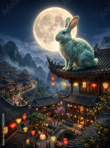 Giant rabbit on traditional rooftop under full moon with glowing lanterns illuminating ancient village at night, creating magical and serene atmosphere