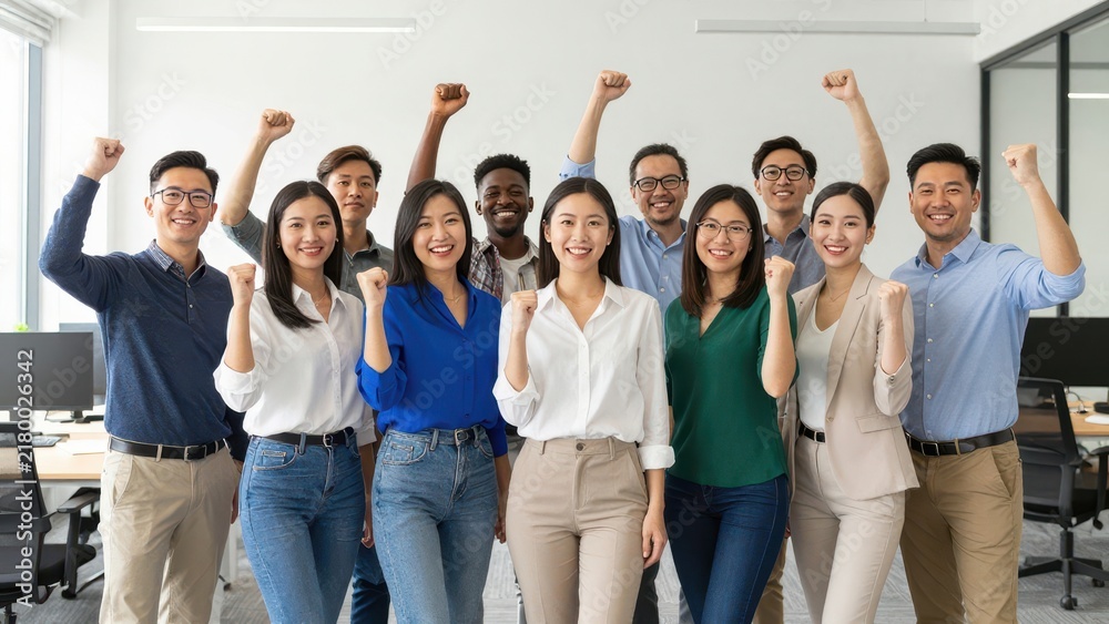 Obraz premium Diverse group of happy multiethnic professional business colleagues celebrating success and raising hands in a modern bright open plan office setting with natural sunlight