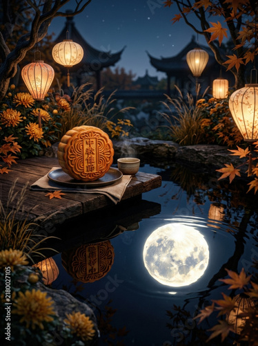 Mid autumn festival mooncake on wooden table with tea cup, glowing lanterns, autumn leaves, and full moon reflection in pond creating peaceful night scene