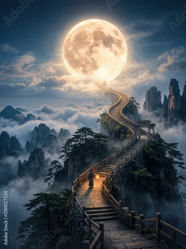 Person walking on stone staircase path through misty mountains toward glowing full moon, creating mystical and serene atmosphere at night