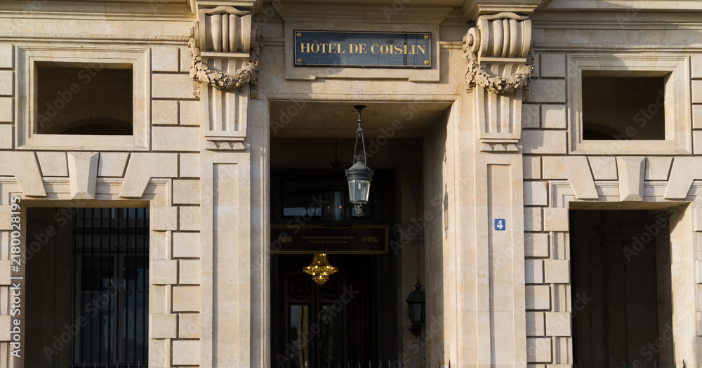 Obraz premium PARIS, FRANCE - SEPTEMBER 1, 2026 - Hotel de Coislin building facade showing entrance, sign, and neoclassical architecture details