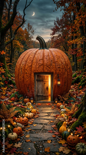 Pumpkin with tiny wooden door glowing warmly in autumn forest under crescent moon, surrounded by colorful leaves, lanterns, and decorative gourds creating magical atmosphere