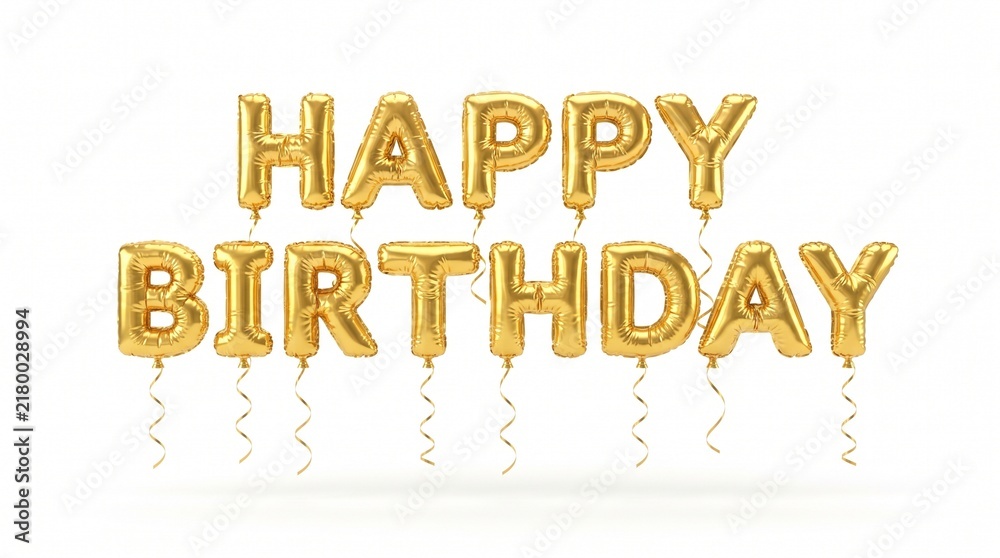 Fototapeta premium Gold metallic foil letter balloons spelling out happy birthday on white background