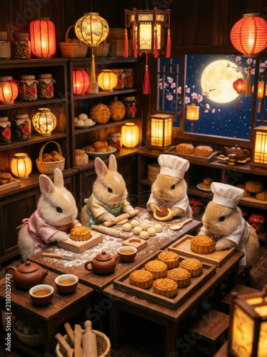 Rabbits baking mooncake pastry in traditional kitchen with lanterns and tea, cozy festive atmosphere under full moon night