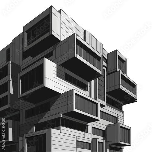 Modern Brutalist Building Facade with Cantilevered Windows