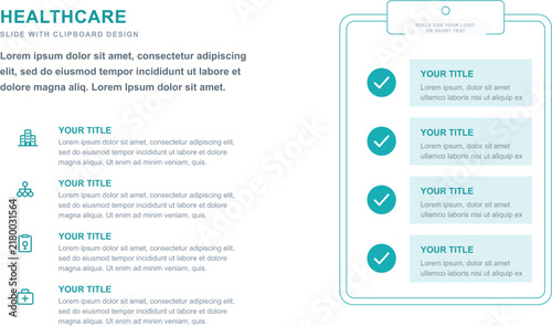 Healthcare infographic slide with clipboard design, medical presentation template with checklist, teal health data vector layout