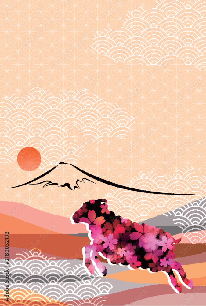 Naklejka premium 富士山と桜柄の動物が描かれた和風アートデザイン