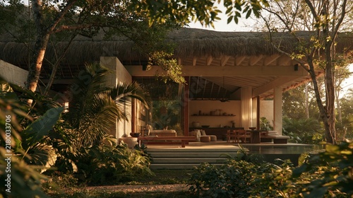 Contemporary tropical villa with thatched roof and lush jungle surroundings