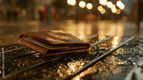 Brown leather wallet with cards on a wet surface with bokeh lights