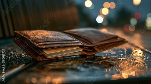 Brown leather wallet with cards sits on a wet surface at night