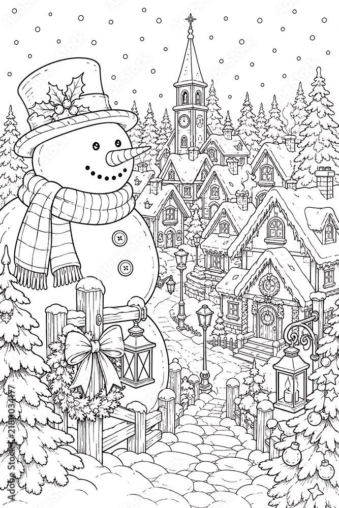 Naklejka premium Snowman over village, snowy Christmas village, snowman, Christmas village, winter village, festive village, Christmas scene, winter wonderland, snowy wonderland, holiday celebration, Christmas celebra
