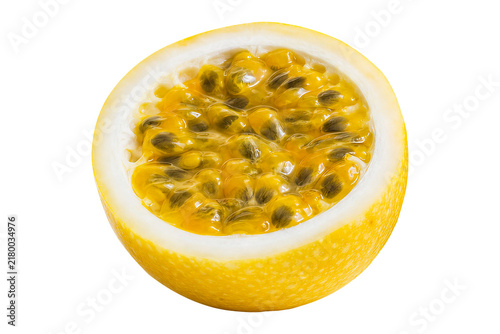 Half passion fruit filled with juicy seeds, isolated on a transparent background