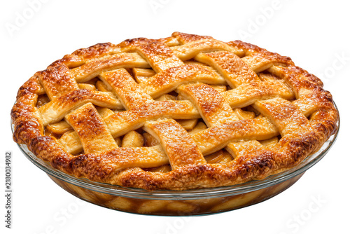 Golden lattice apple pie in glass dish, isolated on a transparent background