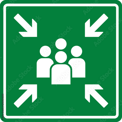 Emergency assembly point sign vector, green evacuation meeting spot icon, safety muster station symbol for fire drills ,Clean grouped each Icon