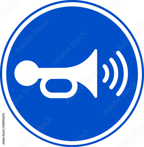 Foto Blue mandatory horn signal sign, white car horn icon on circular background, veh