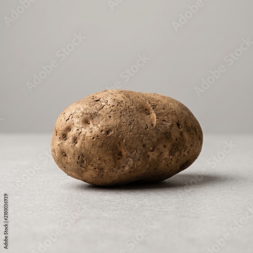 Potato sits isolated on a neutral surface to highlight its textured skin and natural earthy brown color.
