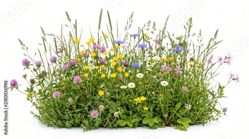 Wildflowers grow in a lush meadow patch featuring diverse species of colorful petals and tall green grasses.