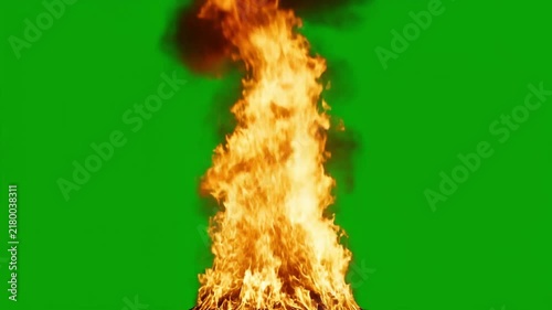 Three fire flames burning vertically on a green screen background on transparent background