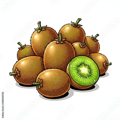 Fresh Kiwi Fruits Group with One Halved Bright Green Kiwi