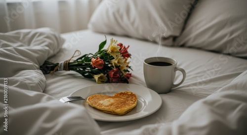 Heart shaped pancake breakfast on cozy bed