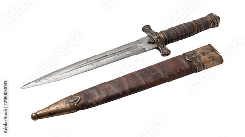 Obraz na płótnie Vintage antique dagger with leather scabbard, historical medieval short sword, r