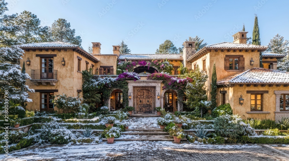 Fototapeta premium Mediterranean villa courtyard with snow covered garden and arched wooden doorway