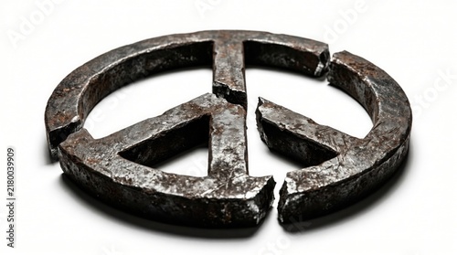 Broken metal peace symbol sign isolated on a white background with fractured sign metal texture damaged object rusty metal conflict concept war and peace fractured conflict politics isolated