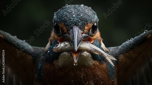 Macro portrait of common kingfisher bird with caught fish in beak and water drops on feathers