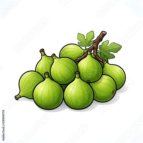 Fresh Green Figs Bunch with Leaves