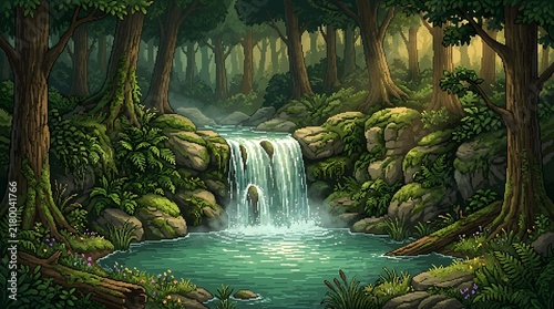 Serene forest waterfall cascading over rocks in lush woodland scene