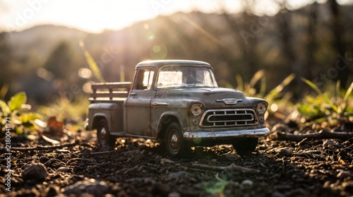 Vintage toy pickup truck outdoors on soil with golden sunset backlighting and shallow depth of field