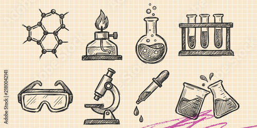 Hand drawn vintage black ink scribble doodle vector set of chemistry test tube and science lab icons for creative graphic design