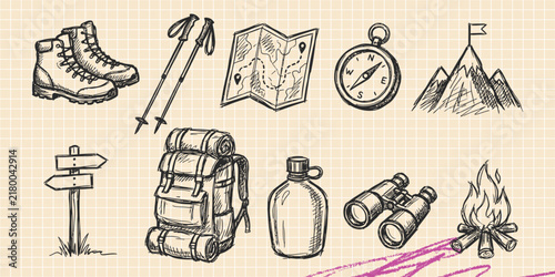 Hand drawn vintage black ink scribble doodle vector set of pirate treasure map and adventure icons for creative graphic design