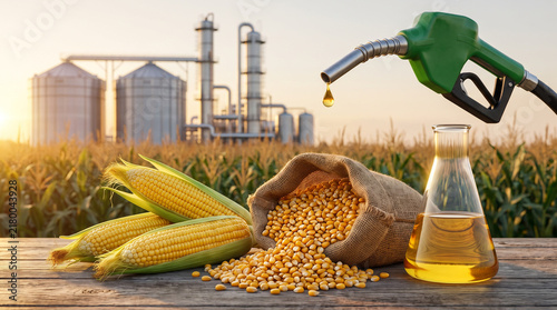 Corn cobs, seeds in sack, fuel nozzle dripping oil, and ethanol refinery in golden corn field at sunset