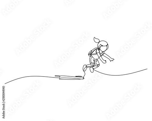 Continuous Line Art Depicting a Young Girl Skateboarding with Dynamic Motion on a Clean White Background