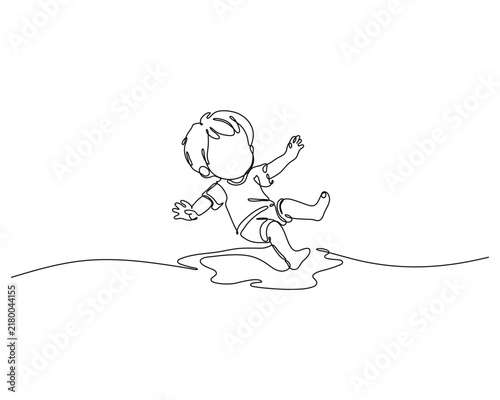 Child Falling Backward into a Puddle Splashing Water in a Playful Continuous Line Art Style