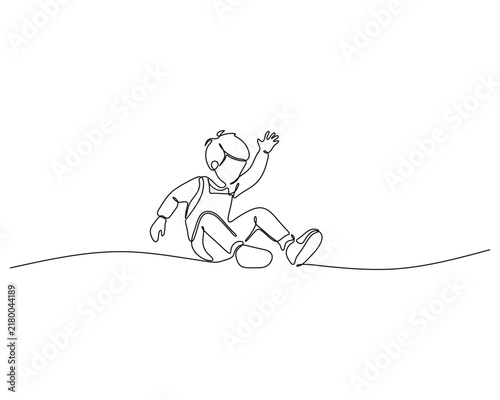 Continuous Line Drawing of a Happy Child Sitting and Waving Enjoying a Playful Slide Down a Gentle Slope