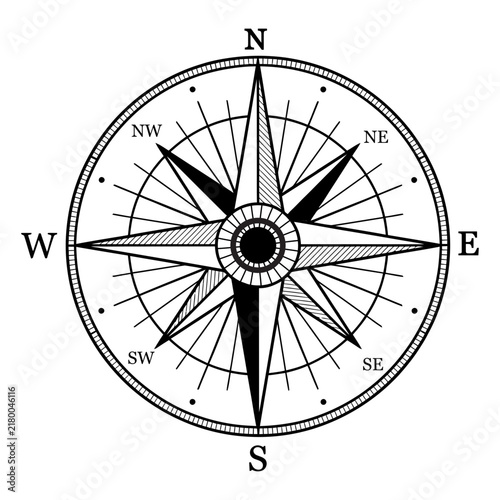 Quadro su tela Compass rose illustration depicting cardinal directions north south east west and intermediate points on transparent checkered background