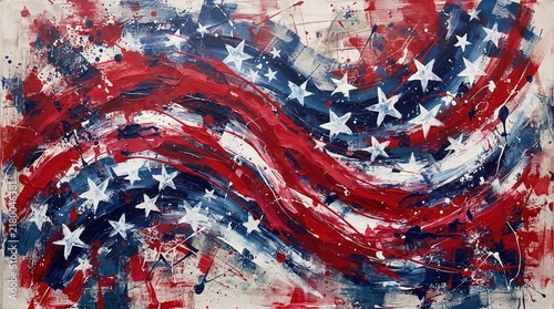 Abstract american flag painting with expressive brushstrokes and paint splatters, featuring dynamic red, white, and blue patriotic colors