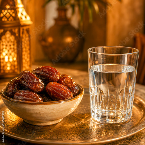 Dates and water on a tray with lanterns for Ramadan  